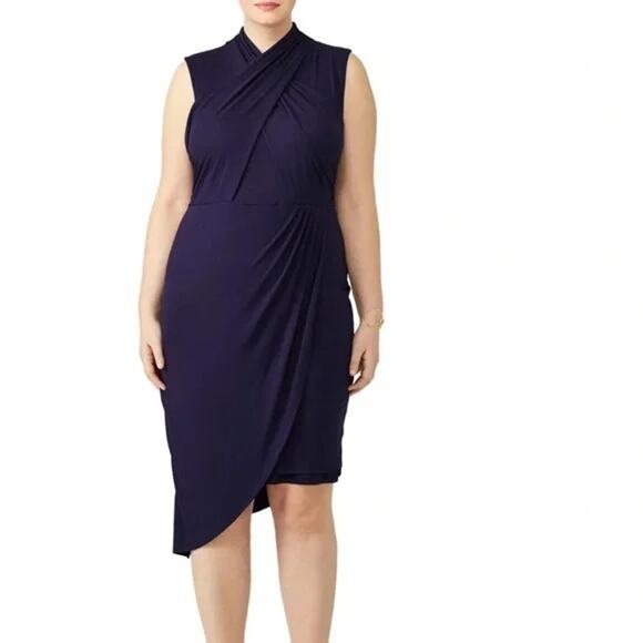 Eloquii Wrap Front Asymmetrical Hem Midi Dress Lined Back Zip Up 20 Navy Blue - Picture 1 of 15